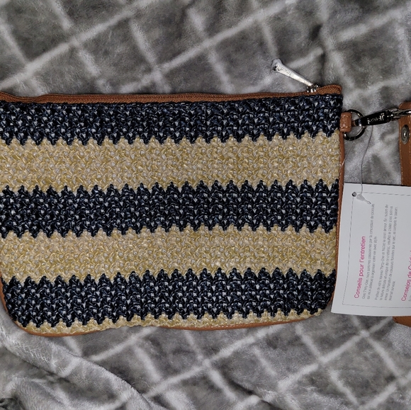 Thirty-One Jewell Rubie Blue & Beige Straw Wristlet Bag New - Picture 2 of 7